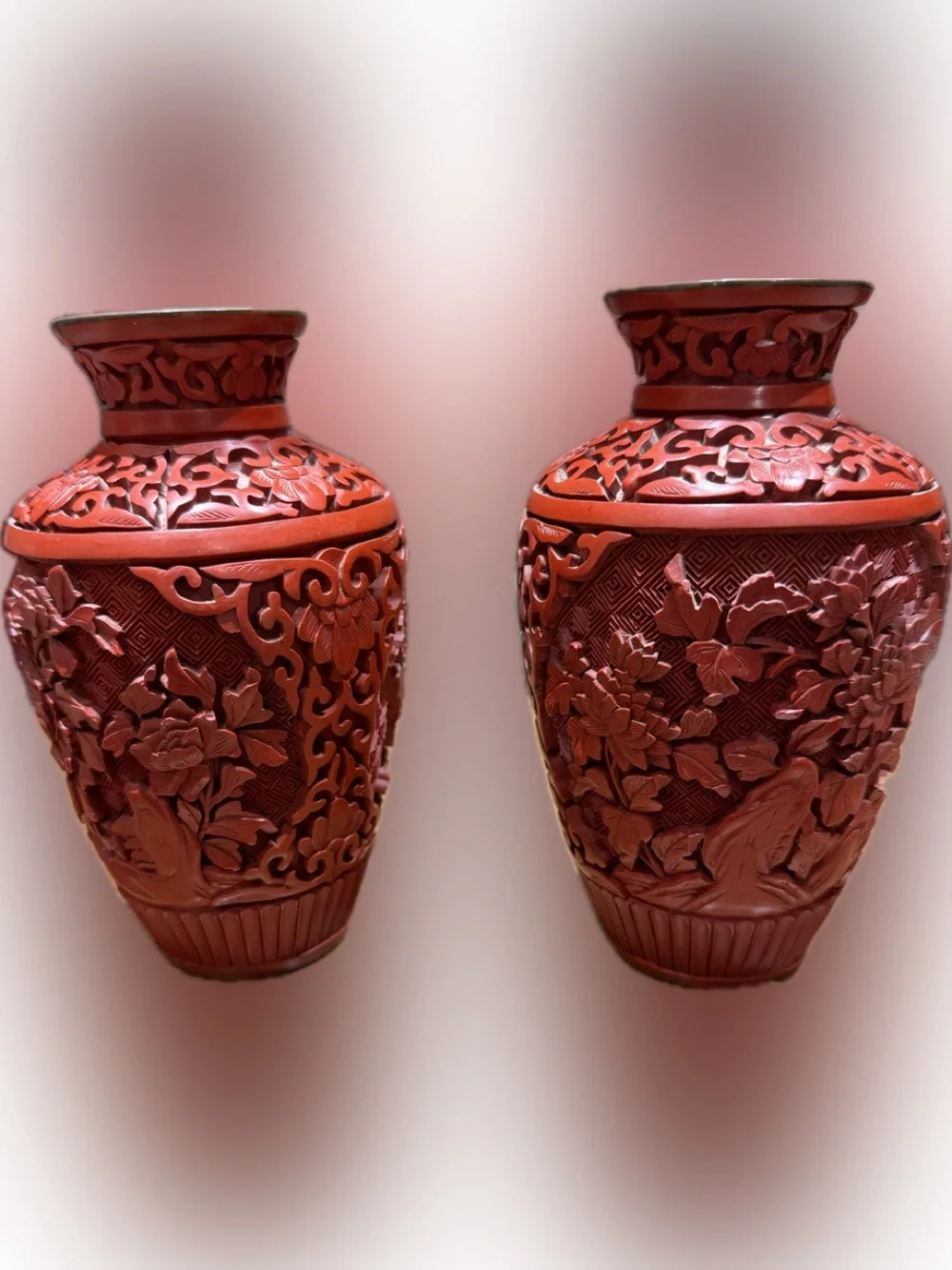 Pair of Authentic Republic Of China Vintage Chinese Cinnabar Lacquer Vases.